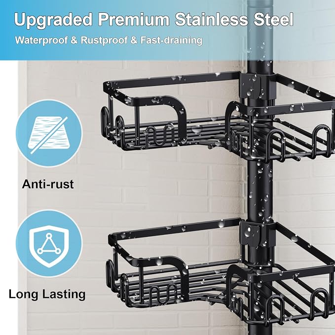 Corner Shower Caddy Tension Pole 4 Tier Adjustable Stainless Steel Shower Shelf for Inside Shower Bathtub Shampoo,Standing Bathroom Organizer Shelves with 39 to 113 inch Height - Image 6