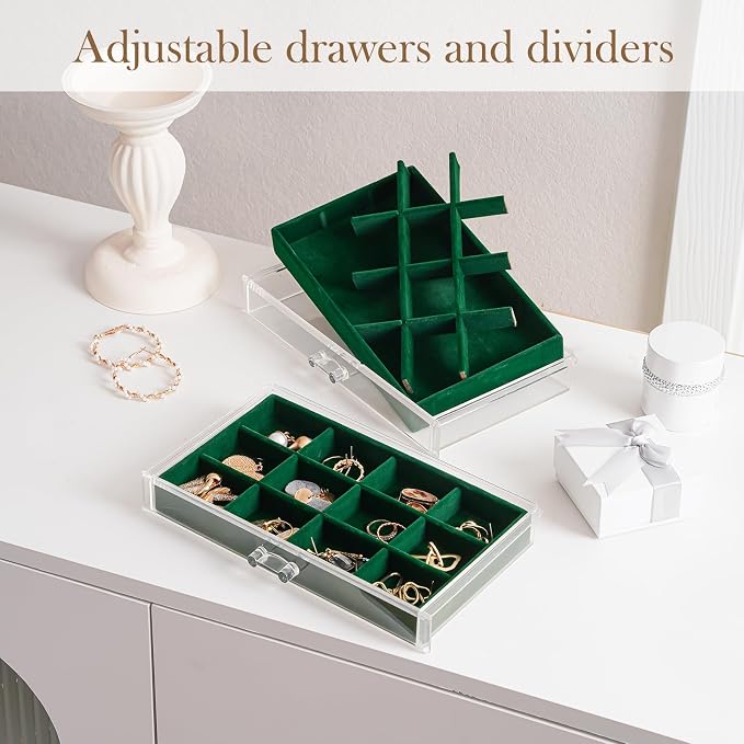 Lolalet Earring Holder Organizer Box Jewelry Storage with 6 Drawers, Clear Acrylic Stackable Earring Case with Adjustable Velvet Trays for Women on Dresser Vanity -Emerald, 6 Layers - Image 2