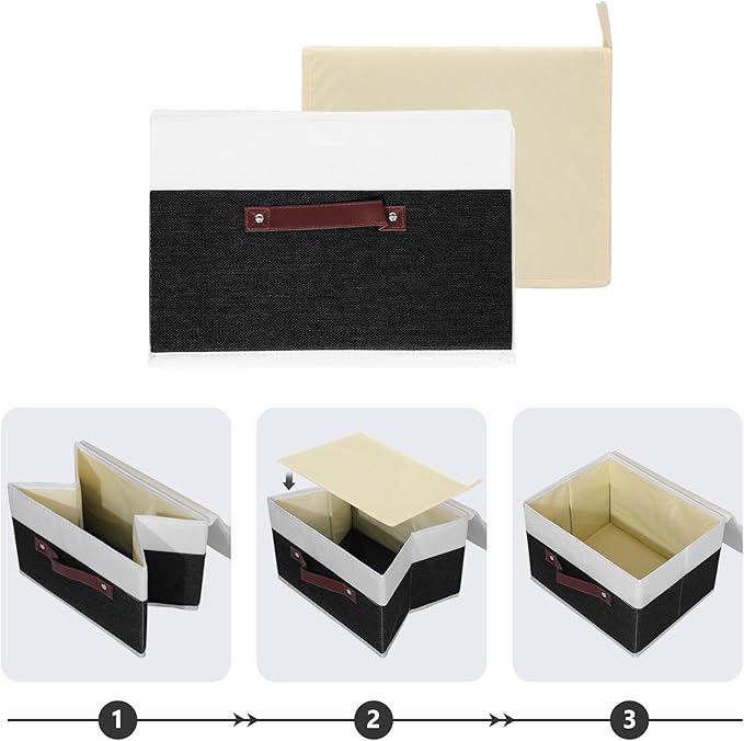 ANMINY Storage Boxes with Lids Washable Decorative Storage Bins Basket with PU Leather Handle Foldable Linen Fabric Storage Cubes Containers for Home Closet Organizer - Black White, Small Size - Image 4