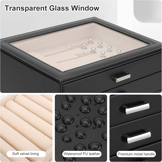 DesignSter Jewelry Box Organizer, Jewelry Box for Women, PU Jewelry Organizer Display Case with Side Drawers, Jewelry Storage for Earring Necklace Ring Bracelet Watch - Image 4