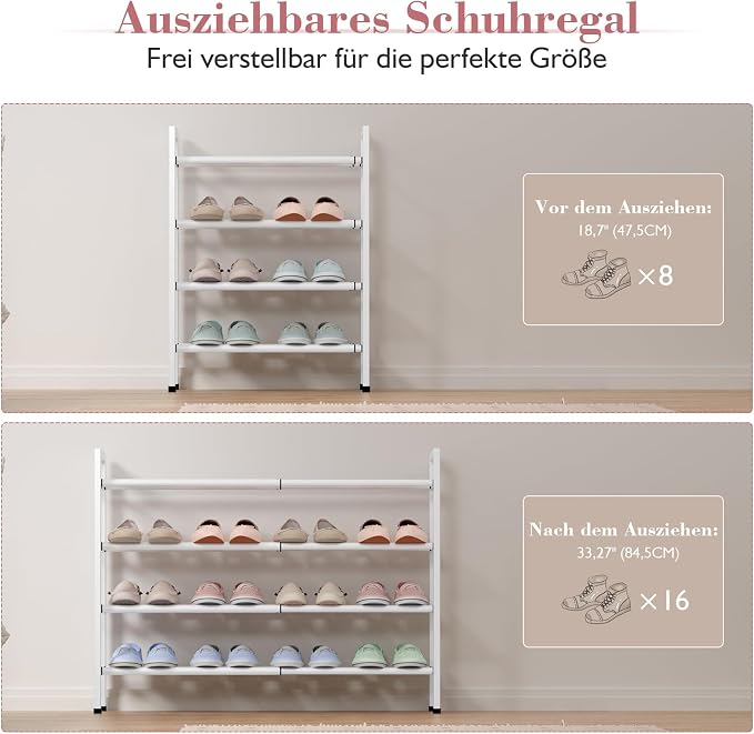 Bumusty 4-Tier Expandable Shoe Rack for Closet, 18“-33” Adjustable Shoe Rack for Small Space, Small Shoe Organizer for Front Door, Sturdy Metal, White - Image 5