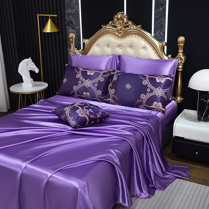 Purple Jacquard Comforter King Bedding with Satin Sheet Set Royal Embroidery Neoclassical Floral Home Decor Soft Luxury Hotel Bed in a Bag 8 Pcs