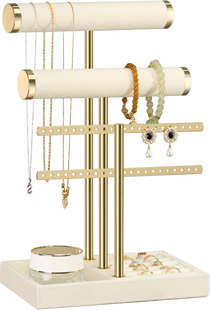 bussdis 3 Tier Bracelet Holder Display - Detachable T Bar Beige Velvet Bracelet Holder, Jewelry Holder Organizer for Bracelet, Necklace, Earrings, Rings by BUSSDIS