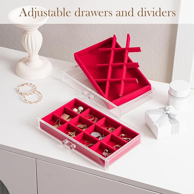 Lolalet Earring Holder Organizer Box Jewelry Storage with 4 Drawers, Clear Acrylic Stackable Earring Case with Adjustable Velvet Trays for Women on Dresser Vanity -Red, 4 Layers - Image 2