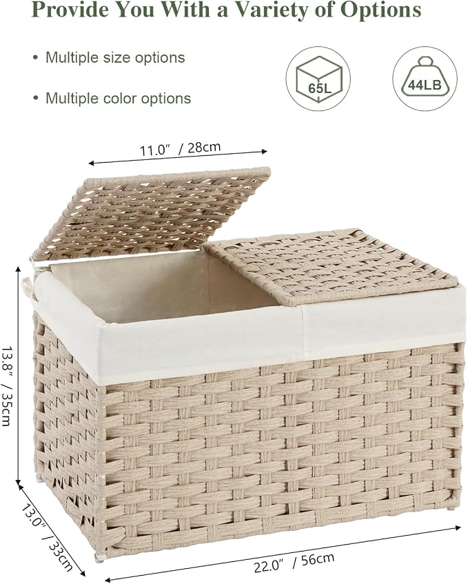 SETVSON Storage Basket with Lid Rattan Woven Storage Baskets with 2 Separate Lids, 17.2 Gallon (65 L) Wicker Storage Bins Foldable 2 Removable Liner Bags Handles for Bedroom, Laundry Room Light Khaki - Image 2