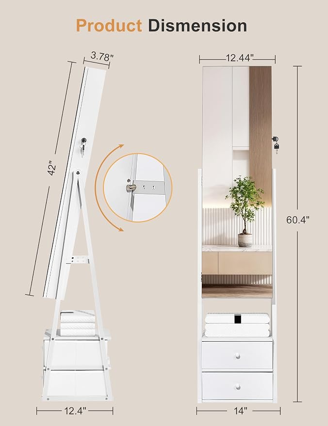 Nicetree Jewelry Cabinet Armoire with 2 Drawers, Lockable Standing Mirror Jewelry Cabinet, Full Length Mirror with Jewelry Storage, Gift Idea, White - Image 5