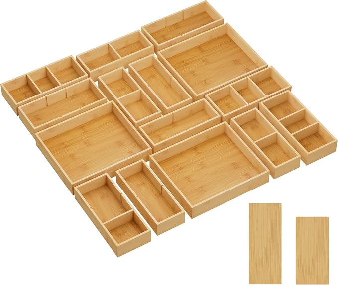 Lifewit Drawer Organizer 15 Pack(33 Grid) with 18 Inserts, Wooden Adjustable Desk Drawer Divider Trays, Storage Bins for Makeup, Kitchen Utensils, Vanity Accessories in Office/Bathroom/Bedroom by Lifewit