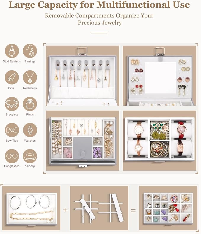 DesignSter Jewelry Box for Women Girl, 3-layer Lockable Jewelry Organizer with Mirror, Large Leather Jewelry Case for Earring Necklace Ring Bracelet Watch - Image 3