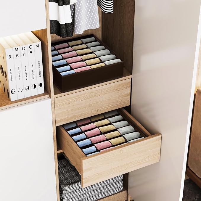 Joyoldelf Sock Organizer Drawer Organizer - 2 Packs Underwear Organizer, 24 Cells Collapsible Closet Organizers and Storage Sock Holders Organizers for Storing Socks, Ties, Belts (Brown), LF001Brown - Image 5