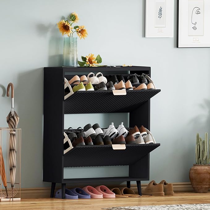 Shoe Cabinet Storage,Modern Freestanding Organizer with 2 Flip Drawers,Narrow Shoe Rack Cabinet for Entryway,Black - Image 6