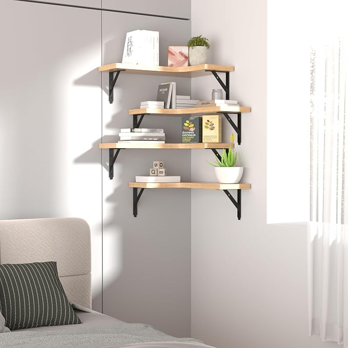ROMGUAR CRAFT Corner Floating Shelves Wall Mounted Set of 4, Rustic Wood Storage Display Shelves for Home Decor, Bathroom, Kitchen, Bedroom, Living Room, Office (Natural) - Image 7