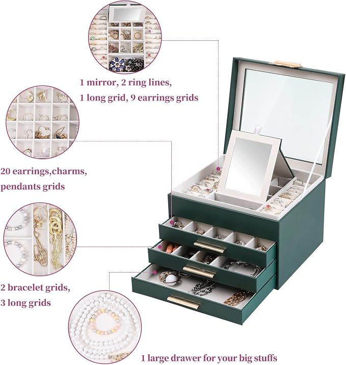 BOOVO Clear Lid Jewelry Box,4 Layers Jewelry Organizer Large Jewelry Storage Box with 3 Drawers,Jewelry Holder Organzier of Rings Earrings Necklace Bracelets for Women (Dark Green, 4 Layer) - Image 5