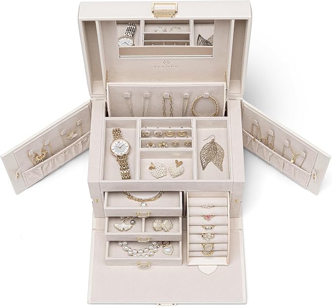 Vlando Mirrored Jewelry Box Organizer, Leather Jewelry Storage Case, Necklaces Earrings Rings Brackets Box Holder, Pearl White - Image 9