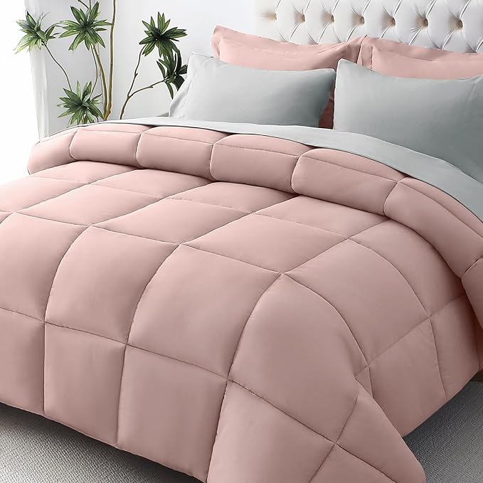 JOLLYVOGUE Queen Comforter Set, Ultra-Soft Bed in a Bag Queen Size 7 Pieces, Oeko-TEX Certified Bedding Set with Down Alternative Comforter, Sheets, Pillowcases & Shams, Pink & Light Grey