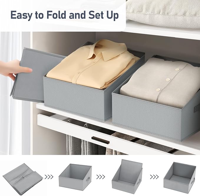 DIMJ Storage Bins for Closet, Trapezoid Storage Bins with Front Handle, Fabric Storage Baskets for Shelves, Line Closet Organizers for Toys, Boooks, Clothes, 6 Packs (Grey) - Image 4