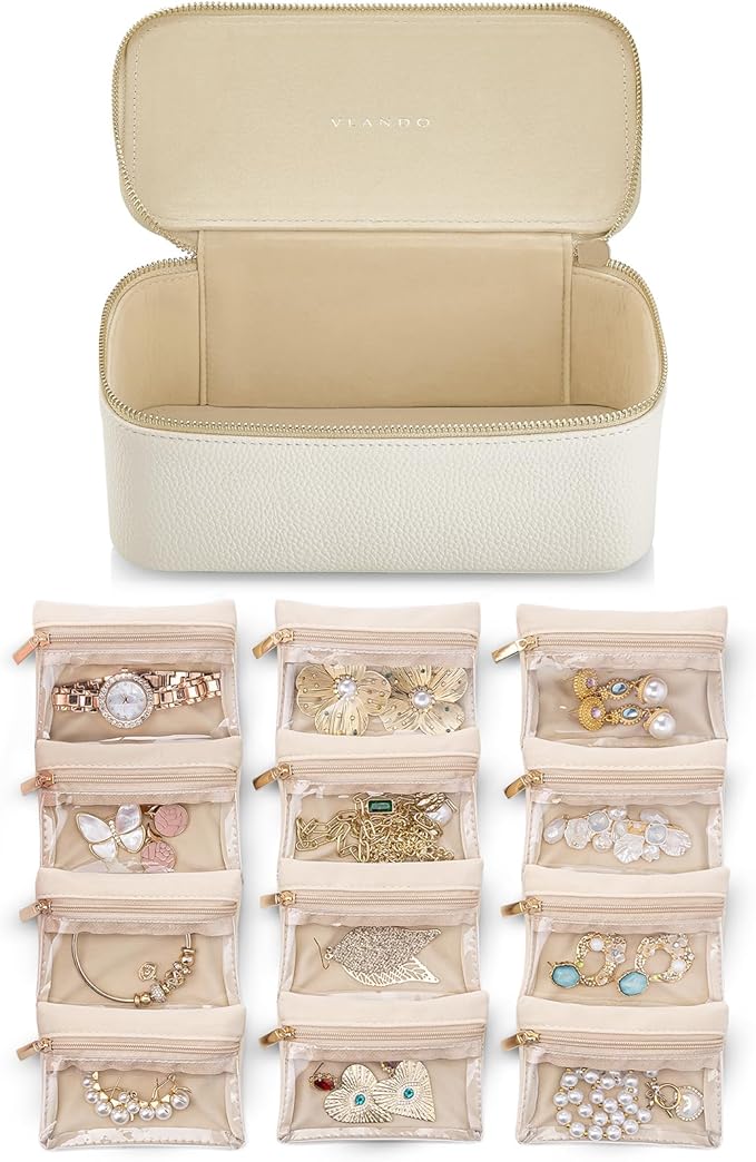 VLANDO Jewelry Travel Case,Gift for Women,Travel Jewelry Organizer with Clear Velvet Jewelry Bags Zipper Pouch for Women Girl Gift-12Pcs White by VLANDO