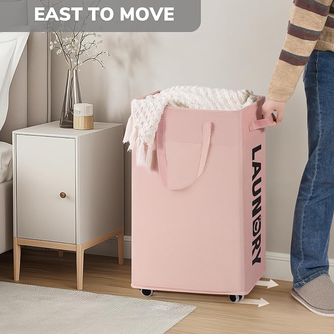 Goodpick Pink Laundry Basket with Wheels, Dorm Room Essentials for Girls, 75L Collapsible Laundry Basket, Laundry Hamper with Handle for College Dorm - Image 5