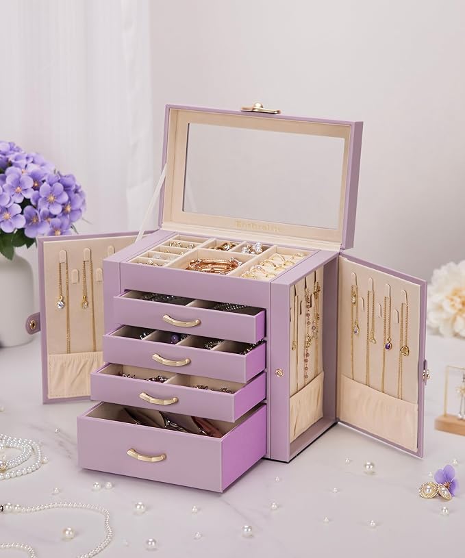 Enthralite Jewelry Box with 4 Drawers : Jewelry Display Organizer for Earrings Necklaces - Gift for Girls Women | Grey Purple - Image 7