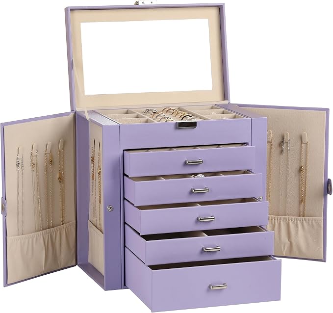 Frebeauty Large Jewelry Box,6-Tier PU Leather Jewelry Organizer,Multi-functional Storage Case with Mirror,Accessories Holder with 5 Drawers for Necklace Bracelets Watches（Purple） by Frebeauty
