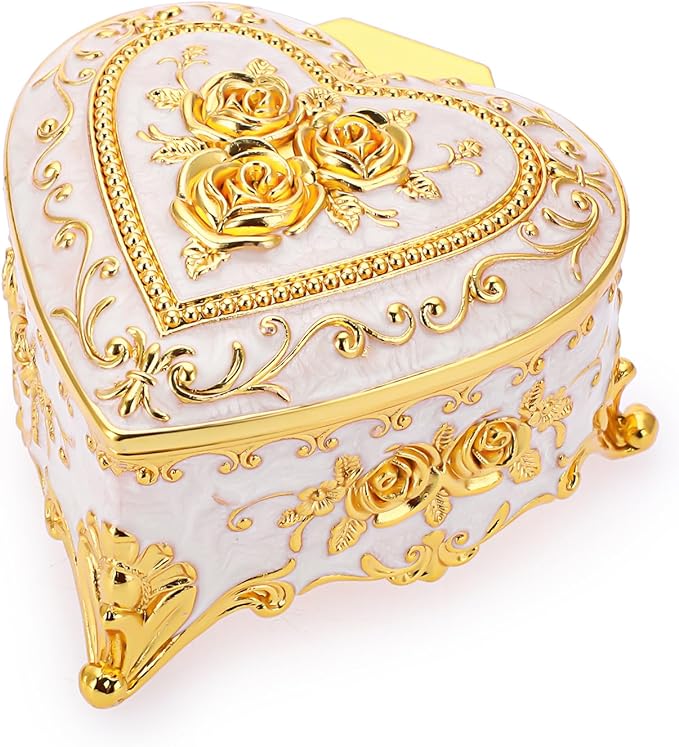 Hipiwe Vintage Metal Jewelry Box - Heart Shape Trinket Organizer Ring Box Case with Rose Pattern Jewelry Storage Box for Ring Earrings Necklace, Gift for Women by Hipiwe