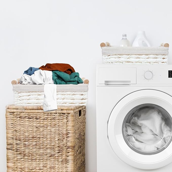 Storage Basket Wicker Baskets for Organizing with Handle Decorative Storage Bins for Countertop Toilet Paper Storage Basket for Toilet Tank Top Small Baskets Set (Set of 2,White) - Image 3