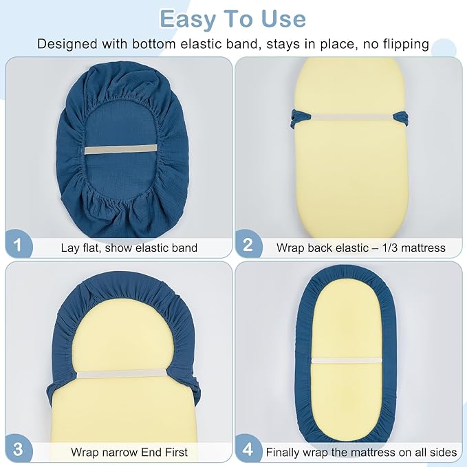Basumee Muslin Bassinet Sheets for Baby Girl Boy 2 Pack Soft Breathable Baby Bedside Bassinet Fitted Sheets with Bottom Elastic Band Mattress Cover for Rectangle Oval Hourglass Bassinets
