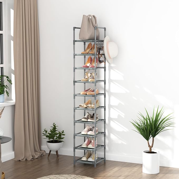 LANTEFUL Narrow Shoe Rack 10-Tier Tall Shoe Organizer Skinny Shoe Shelf Storage for 10-15 Pairs Shoe and Boot, Space Saving Corner Shoe Rack Organizer for Closet, Entryway, Living Room, Grey - Image 7