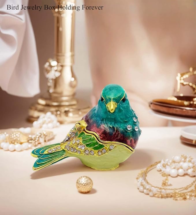 Turquoise Green Bird Trinket Boxes Hinged,Bird Decor with Crystals Enamel Jewelry Box.Necklace Ring Box Earrings Storage.Collectible Birds Lover Gifts Figurines Home Decor - Image 5