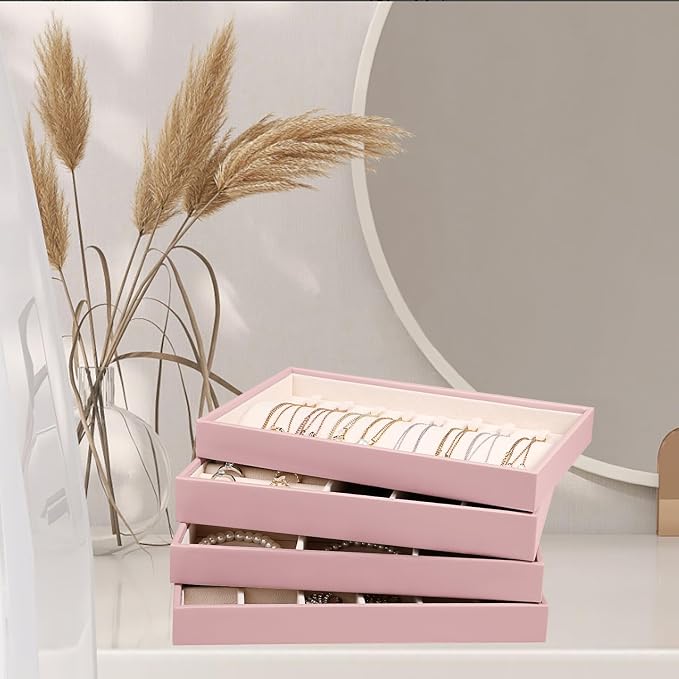 LANDICI Stackable Jewelry Organizer Trays 4 Set,PU Leather Jewelry Organizer Drawer,Jewelry Storage Display Tray for Earring Necklace Rings Bracelet with Removable Dividers,Rose Gold - Image 6
