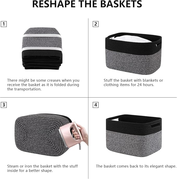 4 Pack Storage Baskets for Organizing, Woven Baskets for Shelves - Perfect for Toys, Books, Towels, and Clothes, Durable Gift Basket Bins Toy Storage, 12.7''Lx9''Wx7.8''H, Dark Grey and Black - Image 6