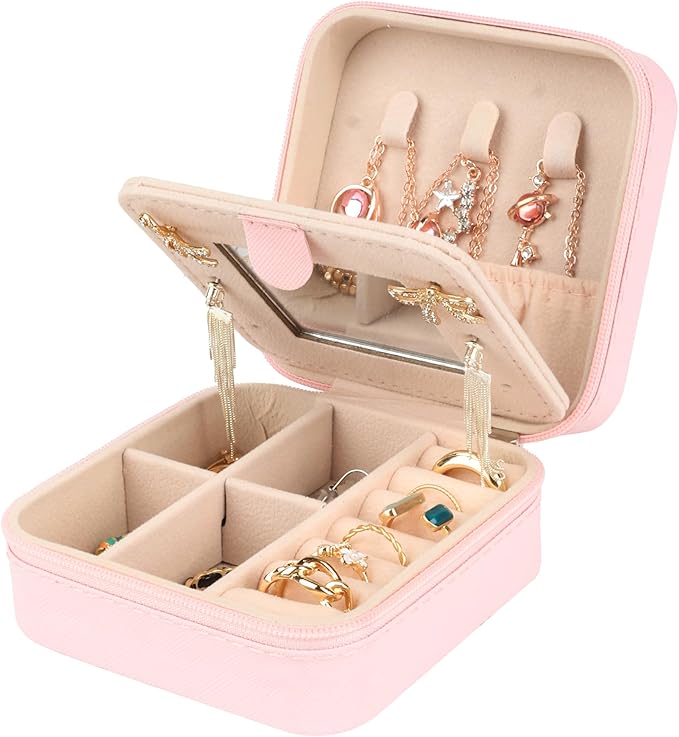 Travel jewelry case,Small Jewelry Box Organizer with Mirror, Gift for Women Girls,3.9"x3.9",Pink,1Pack by losensild