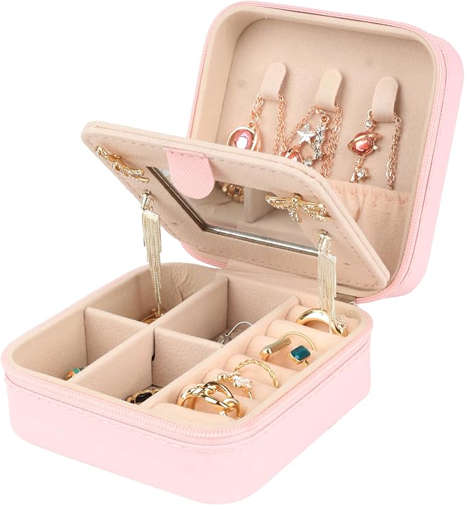 Travel jewelry case,Small Jewelry Box Organizer with Mirror, Gift for Women Girls,3.9"x3.9",Black,1Pack - Image 3