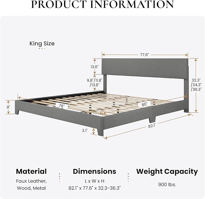 SHA CERLIN Light Grey King Platform Upholstered Bed Frame with Adjustable Headboard, Wood Slats Support, No Box Spring Needed, Easy Assembly, Easy Clean Up