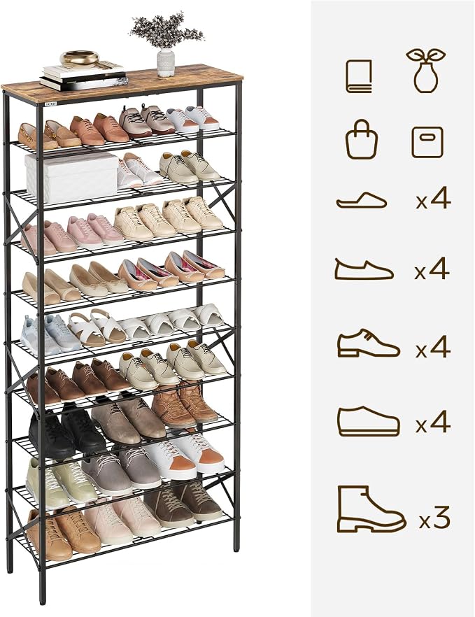 YATINEY 10 Tier Shoe Rack, Large Capacity Shoe Storage Organizer Holds 40 Pairs, Sturdy and Stable, for Entryway, Hallway, Closet, Dorm Room, Rustic Brown SS10BR - Image 5