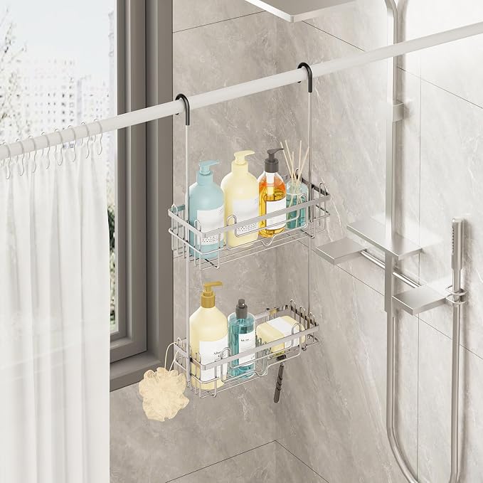Consumest Over the Door Shower Caddy - 2-Tier Hanging Shower Organizer with Soap Holder, Rustproof Bathroom Storage and Organizer Rack for Shampoo, Towels, and Toiletries, Sand Nickel - Image 2