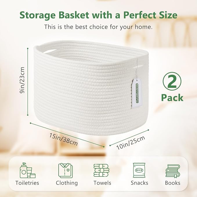 ECDYQXVU Cotton Rope Storage Basket, 15x10x9 Inches, Woven Basket for Shelves, Clothes, Towels, Books, and Laundry, White (2 Pack) - Image 3