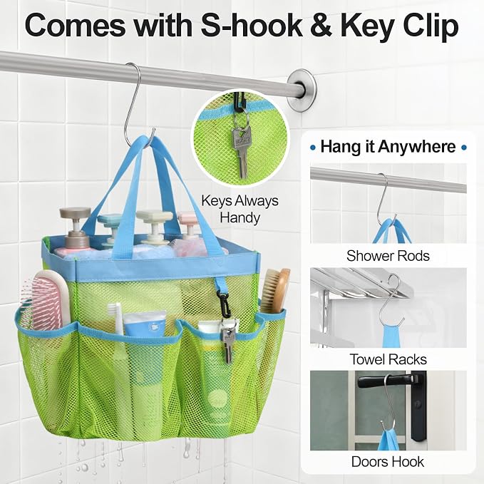F-color Mesh Shower Caddy Portable, Upgrade Deeper 7 Pockets Shower Bag Basket Bag Tote for College Dorm Room Toiletry Bathroom Essentials Gym Camp Quick Dry 2 handles with S Hook - Image 5