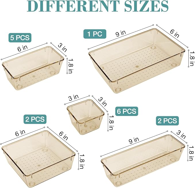 StorMiracle 16 PCS Drawer Organizer Set, 5 Varied Size Bathroom and kitchen Drawer cabinet organizer Trays, Clear Storage Bins for Makeup, Jewelry, Utensils and Gadgets, Champagne - Image 2