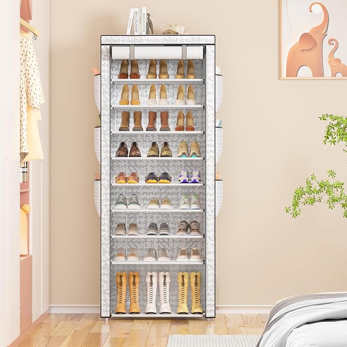 OYREL Shoes Rack 10 Tier Tall Shoe Rack with Storage Pockets, Fabric Covered Shoe Racks,Metal Shoes Rack Organizer for Closets,Bedroom, Garage - Image 7
