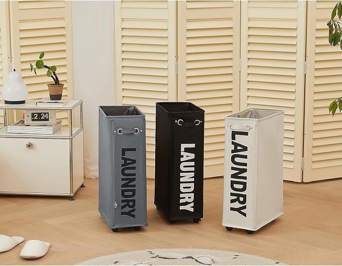 DOKEHOM 25-Inches Slim Laundry Basket on Wheels, Collapsible Rolling Laundry Hamper, Foldable Narrow Corner Clothes Storage Bins (Black) - Image 9