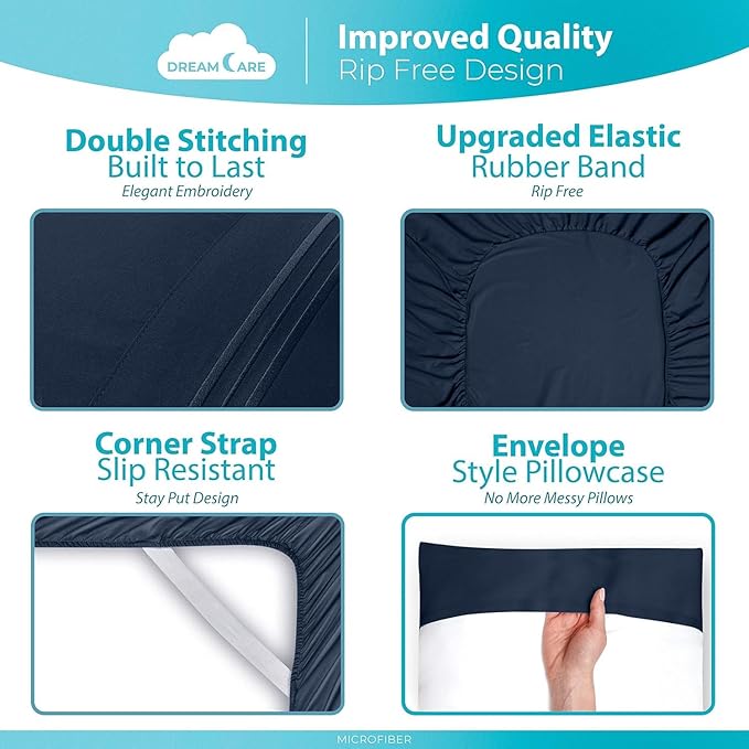 DREAMCARE Full Size Sheets - 6 pcs Breathable Cooling Bed Sheets - up to 15" Deep Pocket Full Size Bed Sheets wth Side Pockets - Extra Soft 100% Brushed Hypoallergenic Hotel Luxury Bedding - Navy Blue