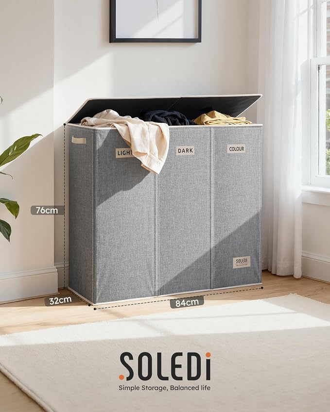 SOLEDI 200L 3-Section Laundry Hamper with Lid, Extra Large Dirty Clothes Basket with Sturdy Handles for Laundry Room & Bedroom - Durable Organizer for Sorting Laundry - Image 6