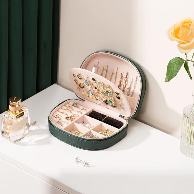 ProCase Travel Size Jewelry Box, Medium Portable Seashell-Shaped Jewelry Case, 2 Layer Jewelry Organizer in PU Leather for Women -Emerald - Image 2