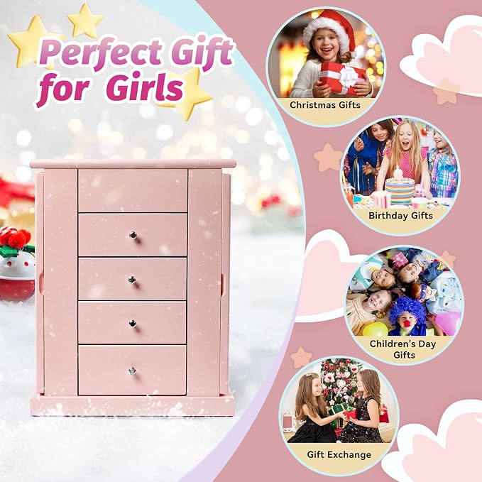 Emfogo Jewelry Box for Girls, Musical Jewelry Box with Spinning Dancer Gifts for Little Girls Christmas New Year Birthday Children's Day, 5 Layer Large Wooden Kids Music Jewelry Organizer Box(Pink) - Image 4