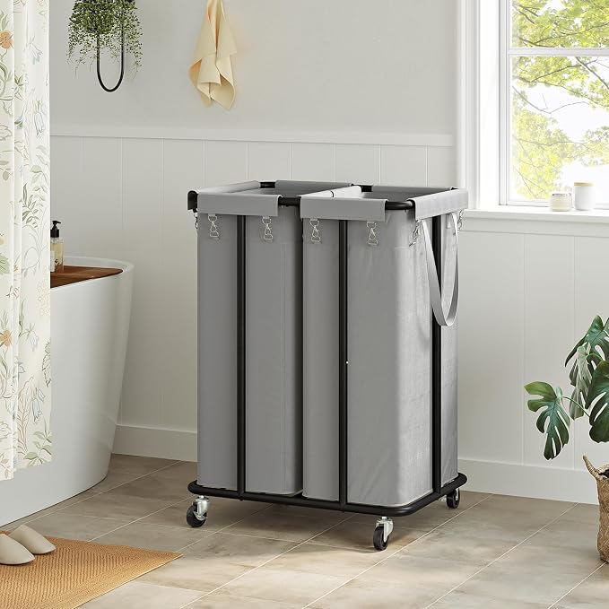 WOWLIVE Double Laundry Hamper with Wheels 170L Rolling Laundry Basket Organizer Laundry Cart with Steel Frame and Removable Bags Large Dirty Clothes Hamper Dorm Room Storage for Bedroom (Grey) - Image 3