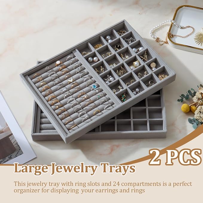 Large Velvet Jewelry Tray 2 Pack Stackable Jewelry Display Drawer Inserts Trays Organizer for Earring Bracelet Necklace Ring (Gray, Ring and 24 Grids) - Image 2