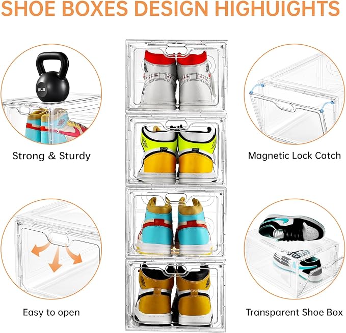 INSTY 6 Pack Large Shoe Storage Box, Clear Shoe Storage Organizer with Magnetic Door, Stackable,Shoe Containers For Display Sneakers, Easy Assembly, Fit up to US Size 12, Clear - Image 3