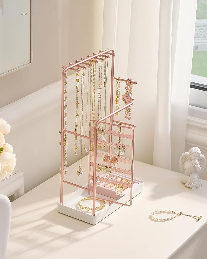 ProCase Jewelry Stand Holder Organizer, Jewelry Display Storage with Ring Tray, Rotating Earring Bracelet Necklace Holder, Valentine's Gifts Room Dorm Decor for Teen Girls -Rosegold (No-Assembly) - Image 4
