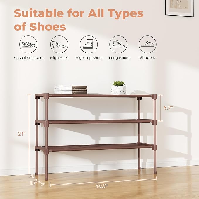 34" Widening Design Shoe Rack for Closet 16 Pairs Small Spaces Non-Woven 3 Tier Shoe Organizer Stackable Metal Shoe Shelf for Entryway, Bedroom Brown - Image 3