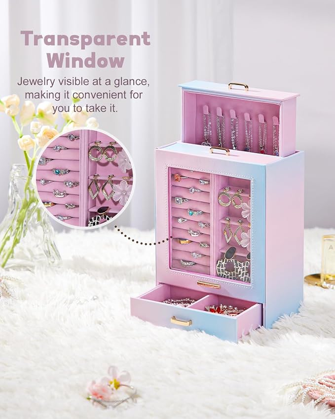 Homde Jewelry Organizer Girls Women Jewelry Box for Necklaces Rings Earrings Gift Bracelets Storage Case (Blue - Pink Gradient + Gold) - Image 4